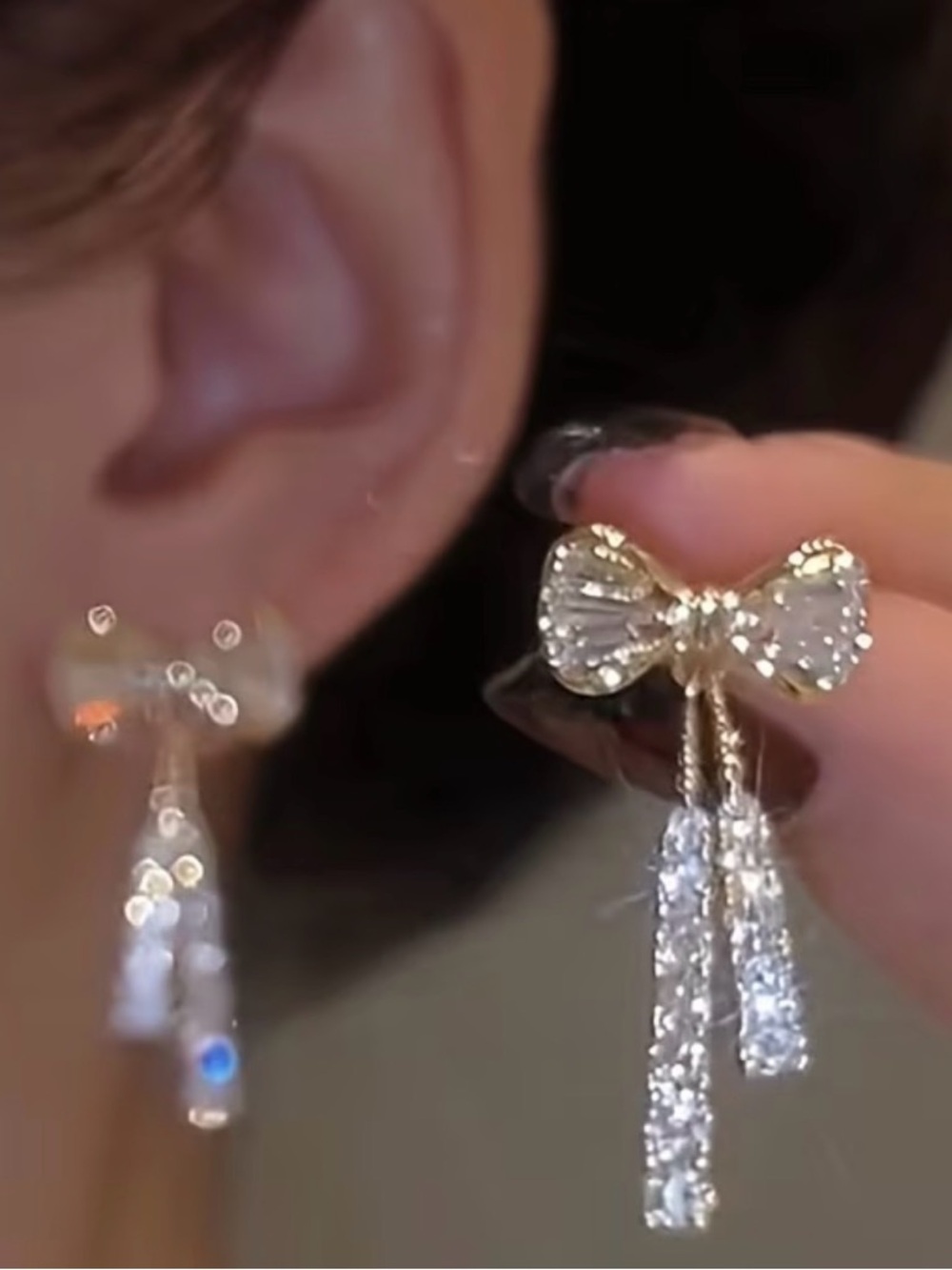 Gold Bow Drop Earrings with Clear Crystal Tassels